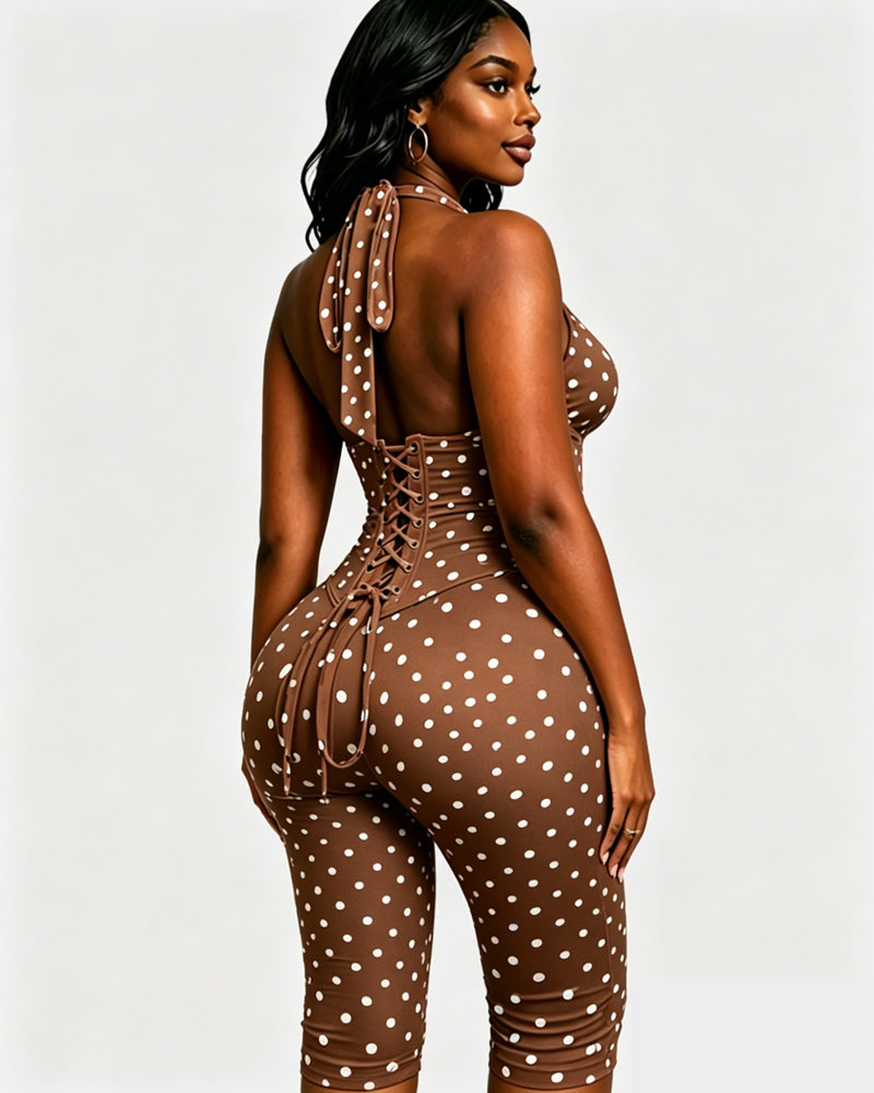 Polka Dot Halter Neck Backless Slim-Fit Stretch Capri Jumpsuit