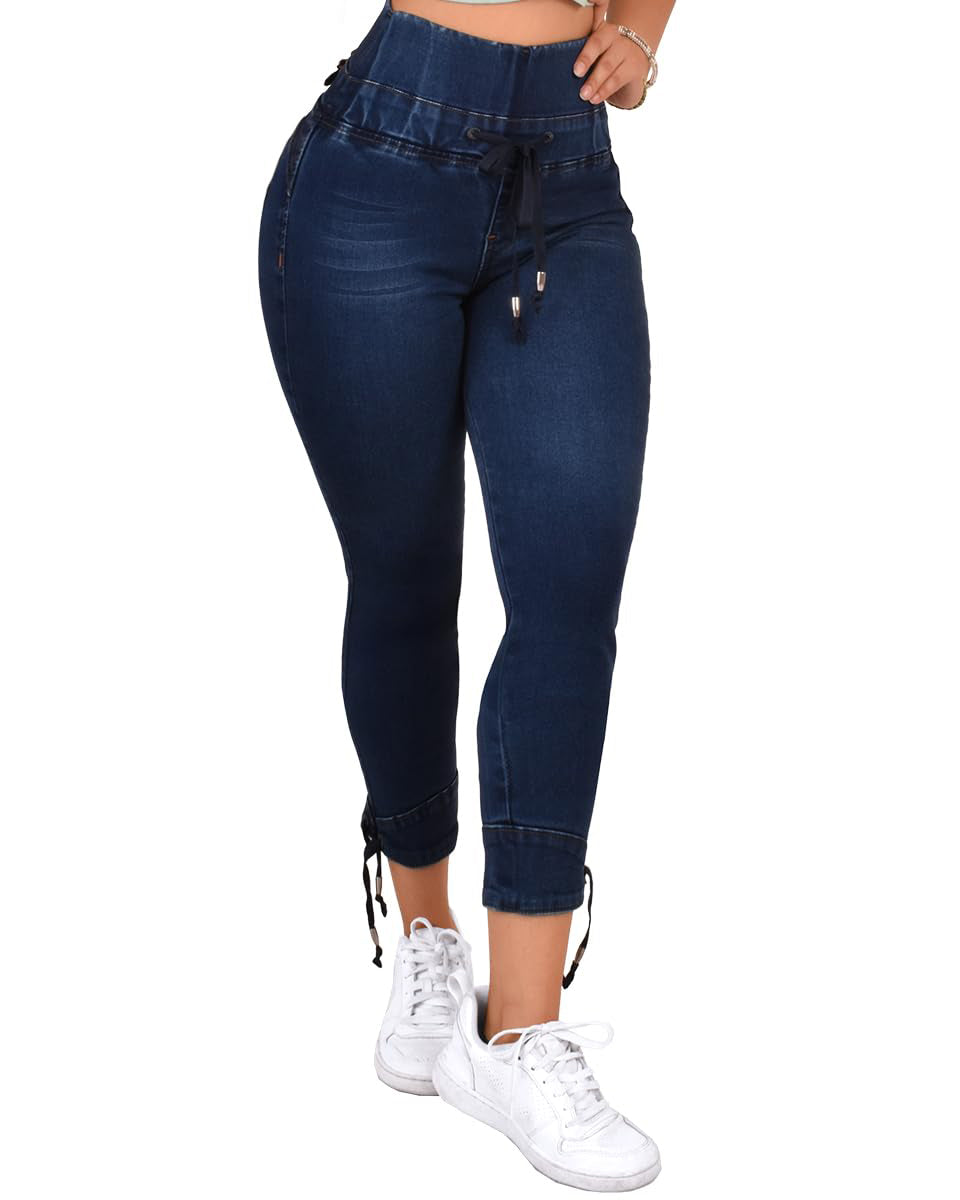 Kolumbianische Hoch Taillierte Kordelzug Po-Lifting Jeans für Damen