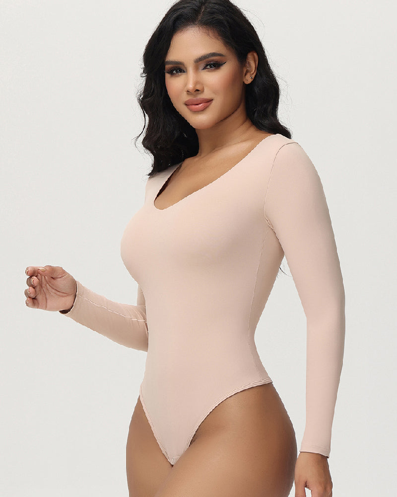 Damen Langen Ärmeln Nahtlos Bodysuit V-Ausschnitt Bauchweg Tanga Shapewear