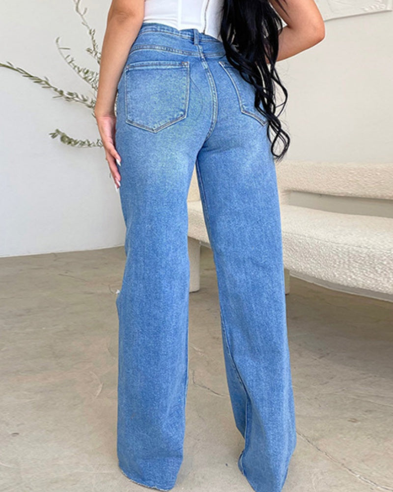 Zerrissene Jeans mit Ausgewaschenem Schnitt und Aeitem Bein und Hoher Taille