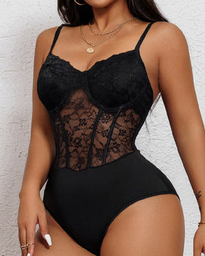 Sexy Knochen Förmiger Spitzen Bodysuit Hohl Ärmellos Tiefem Rücken Shapewear