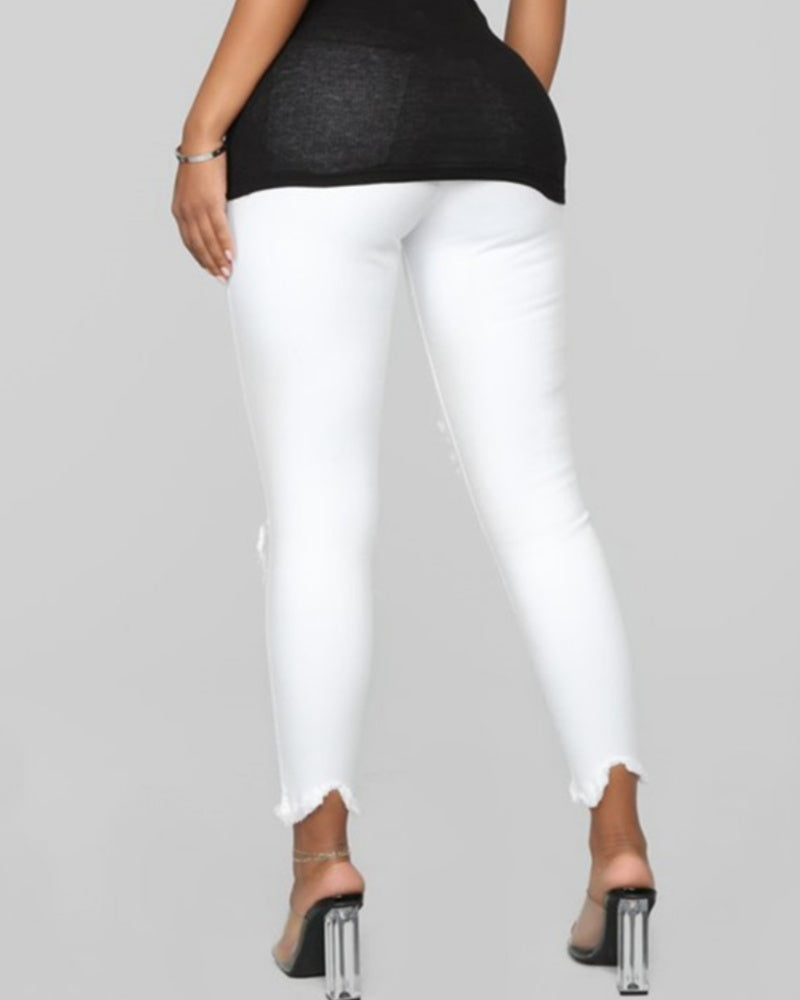 Zerrissene Skinny Jeans mit Hoher Taille und Einfarbig