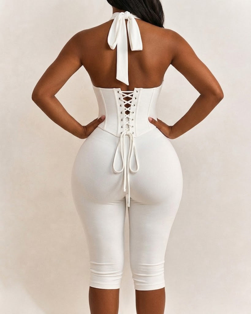 Polka Dot Halter Neck Backless Slim-Fit Stretch Capri Jumpsuit