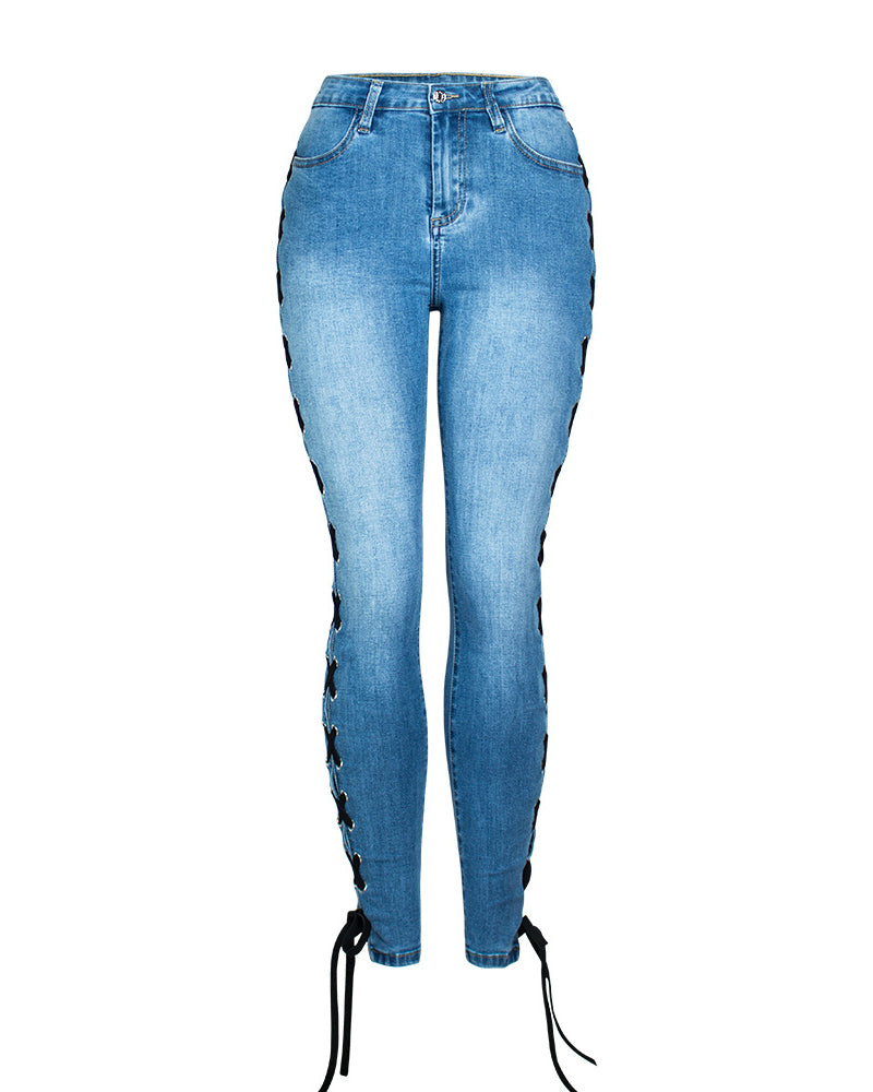 Sexy Seitlich überkreuzte Schmale Jeans mit Schnürung für Damen