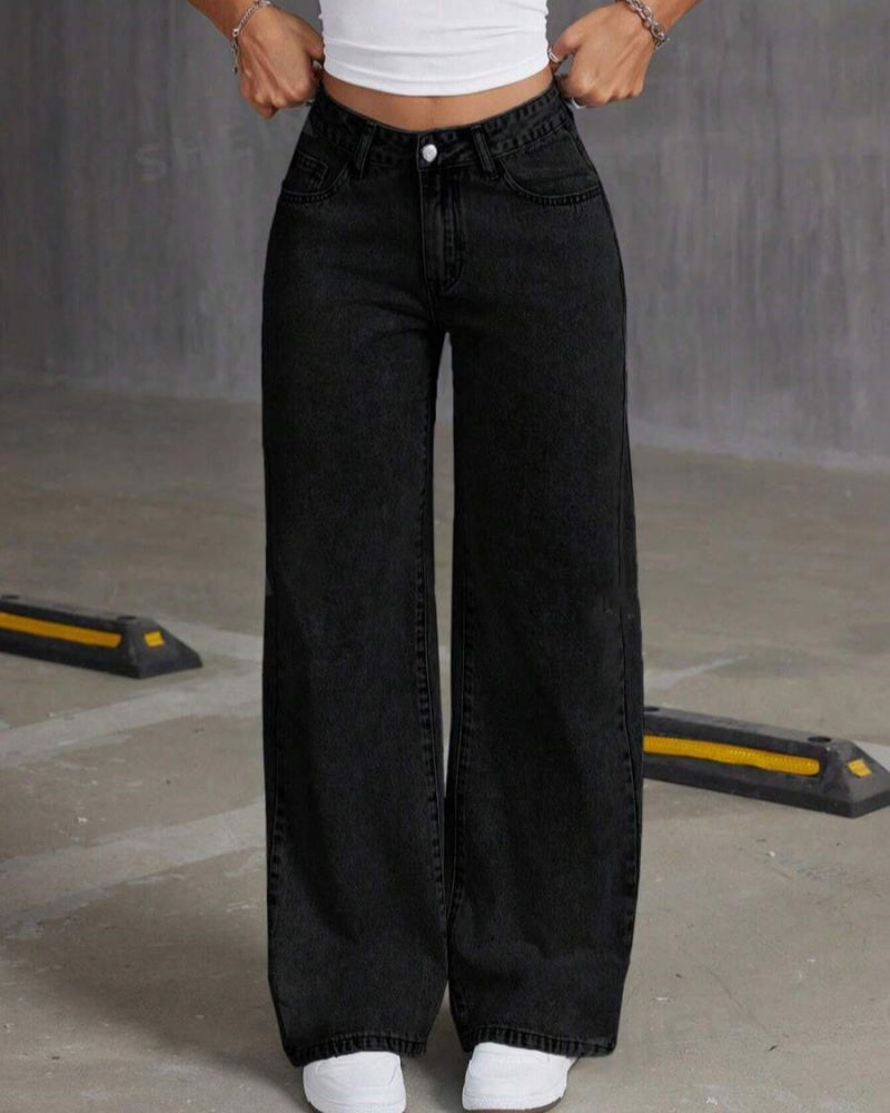 Lässige Verwaschene Jeans mit Weitem Bein und Bestickter Schleifentasche Passend zu Allen Outfits