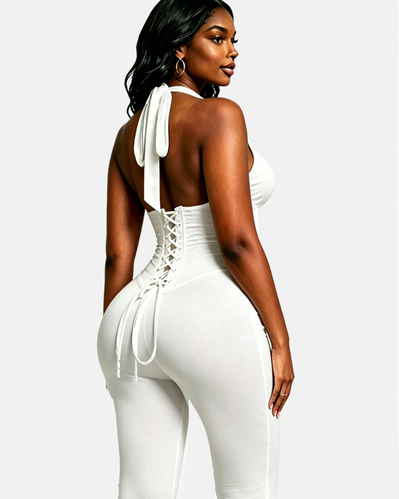 Polka Dot Halter Neck Backless Slim-Fit Stretch Capri Jumpsuit