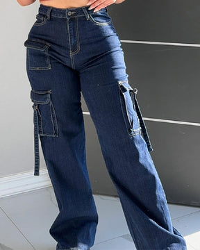 Damen Hohe Taille Cargo Jeans Weitem Bein Lässige Flaschentaschen Hose