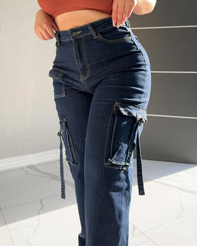 Damen Hohe Taille Cargo Jeans Weitem Bein Lässige Flaschentaschen Hose