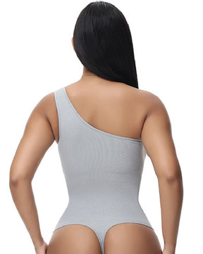 Sexy Geripptes Ein-Schulter Ärmelloses Tanktop Enger Stretch Bodysuit