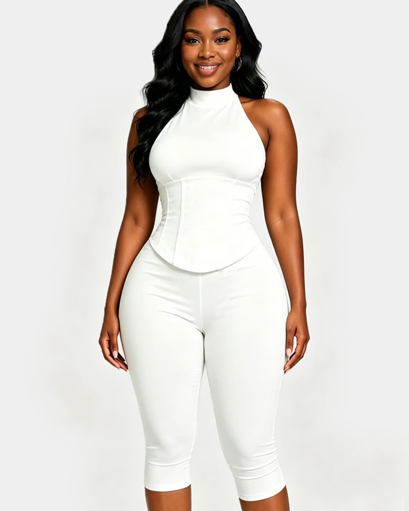 Polka Dot Halter Neck Backless Slim-Fit Stretch Capri Jumpsuit