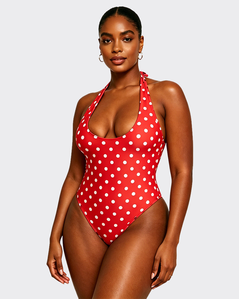 Polka dot halter neck bodycon one-piece swimsuit with straps