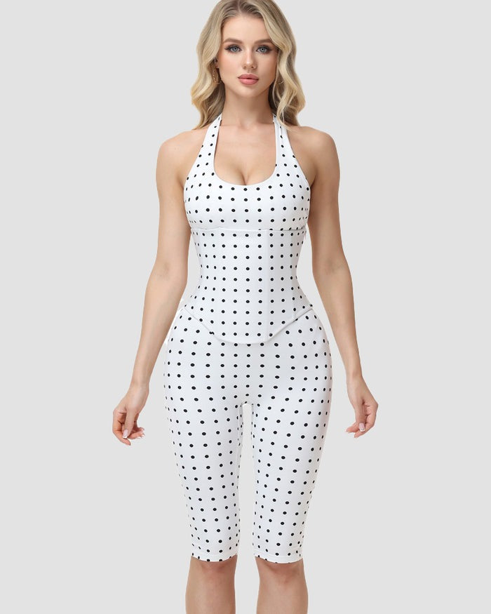 Hourglass Figure Body Shaper Waist Cincher Polka Dot Capri Jumpsuit Two-Piece Set
