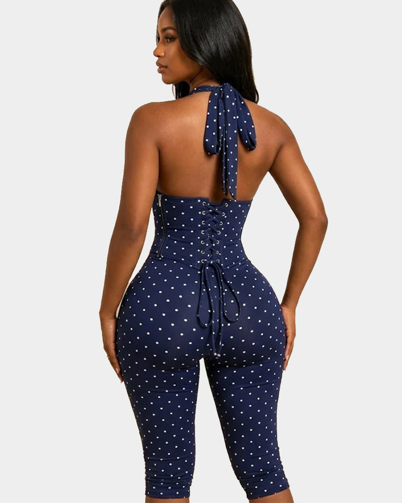 Hourglass Figure Body Shaper Waist Cincher Polka Dot Capri Jumpsuit Two-Piece Set
