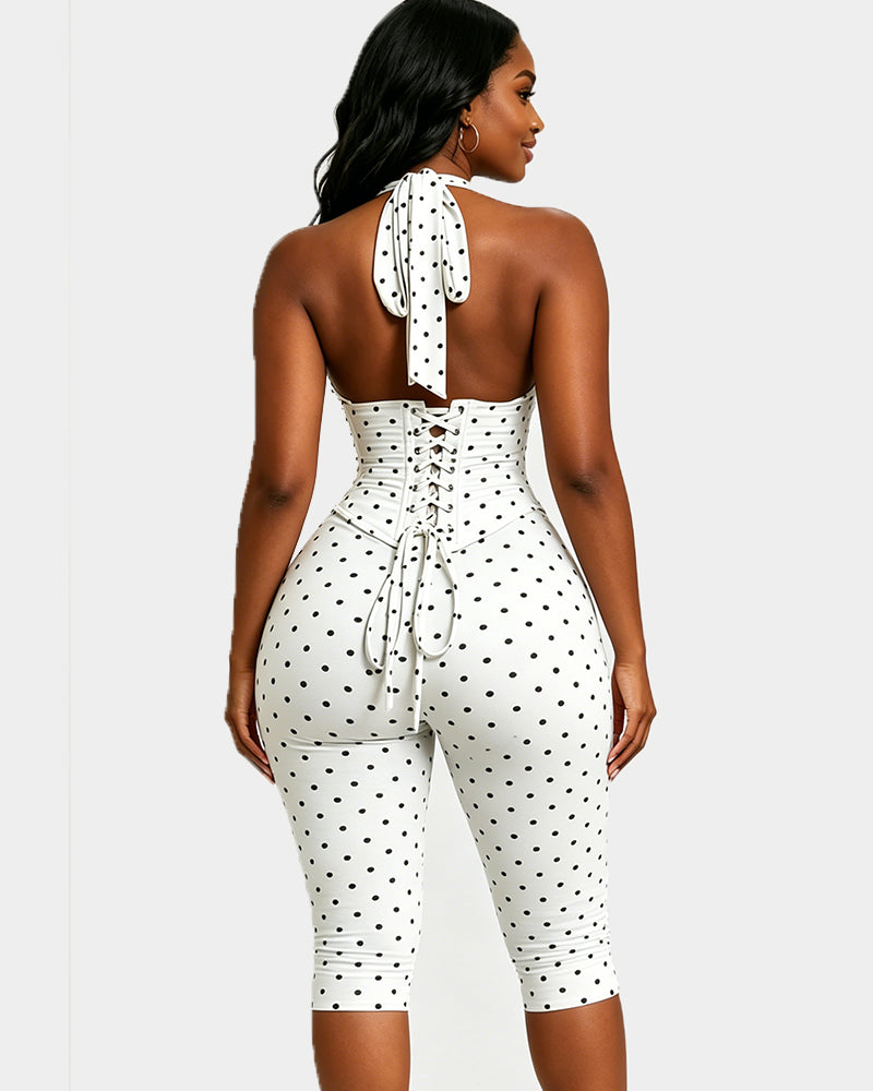 Polka Dot Halter Neck Backless Slim-Fit Stretch Capri Jumpsuit