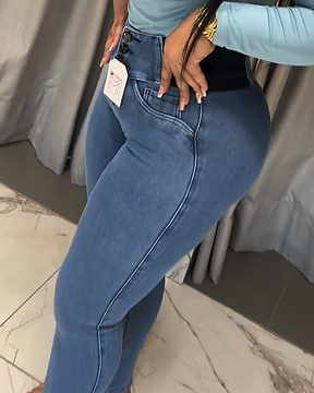 Kolumbianische Skinny Jeans mit Hoher Taille Elastischem Bund und Mehreren Knöpfen für Damen (Vorverkauf)