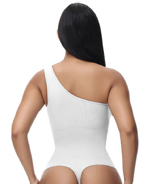 Sexy Geripptes Ein-Schulter Ärmelloses Tanktop Enger Stretch Bodysuit