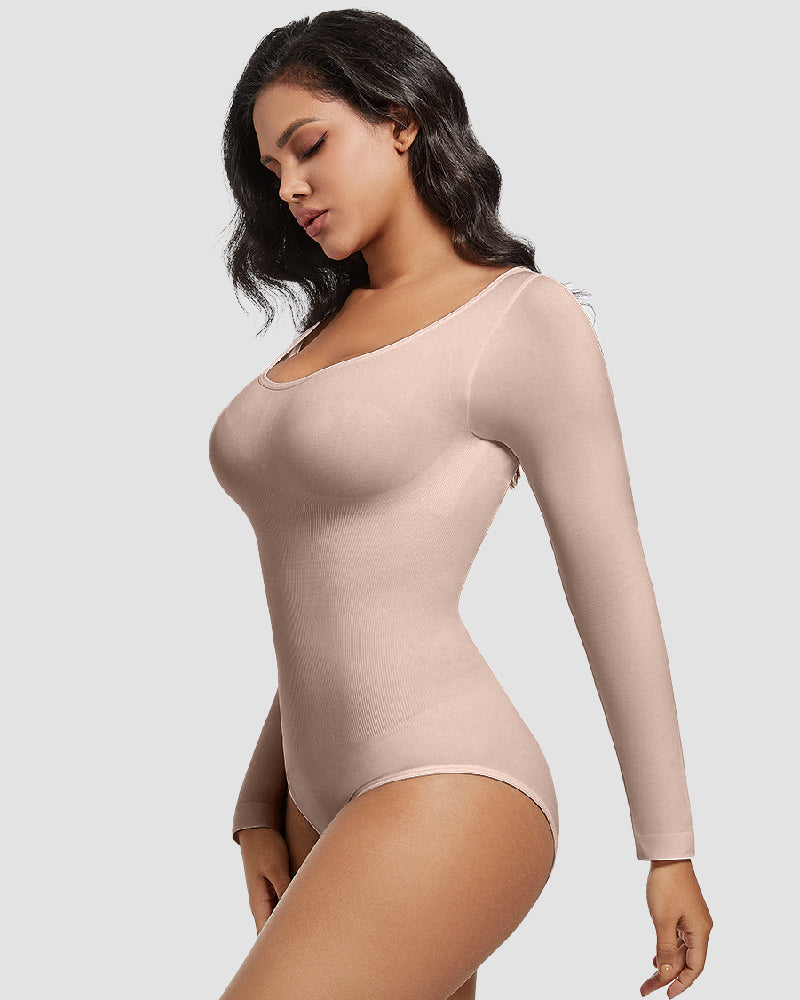 Nahtloser Rundhalsausschnitt Langarm Korsett Bodysuit Tops Stretch Dreieck Body