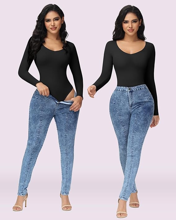 Damen Langen Ärmeln Nahtlos Bodysuit V-Ausschnitt Bauchweg Tanga Shapewear