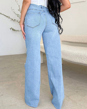 Zerrissene Jeans mit Ausgewaschenem Schnitt und Aeitem Bein und Hoher Taille