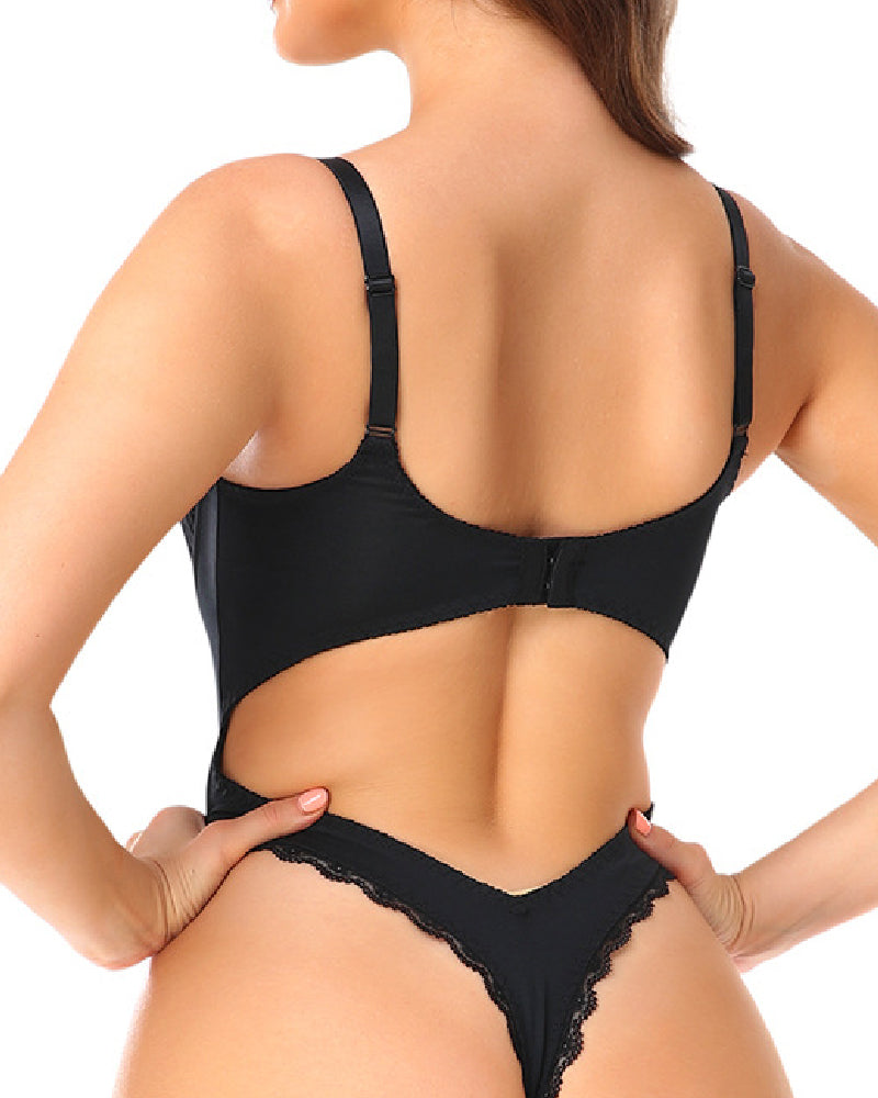 Sexy Durchsichtige Spitzen Rückenfrei Body Hochzeit Tiefer V-Ausschnitt Tanga Shapewear