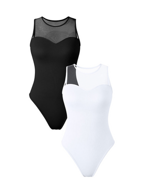 Damen Gerippter Hochkragen Einteiler Netz Ärmelloser Bodysuit Shapewear