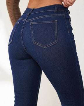 Damen Jeans mit Hoher Taille und Knopfleiste Schmaler Schnitt Ausgestellter Beinabschluss