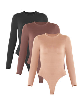 Damen Rundhals Doppellagig Lange Ärmel Basic Dehnbar Tanga Bodysuit