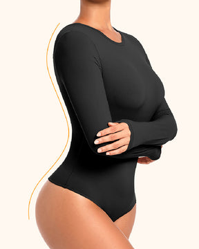 Damen Rundhals Doppellagig Lange Ärmel Basic Dehnbar Tanga Bodysuit