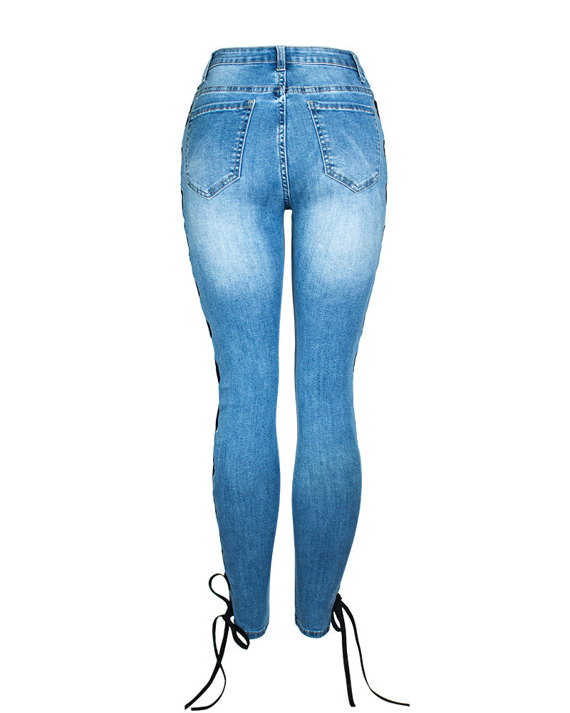 Sexy Seitlich überkreuzte Schmale Jeans mit Schnürung für Damen