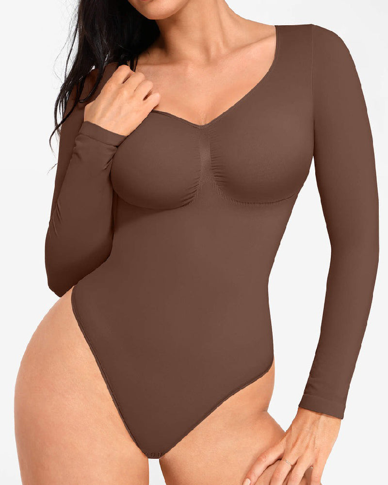 Nahtloser Langarm Brust Unterstützung Rauten Kragen Bauchkontrolle Tanga Bodysuit