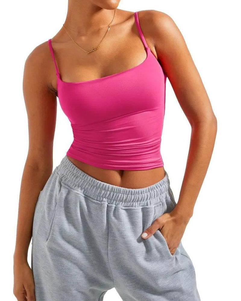 Damen Doppellagiges Quadrat-Ausschnitt Butterweiches Crop Top Ärmelloses Basic Tank Top