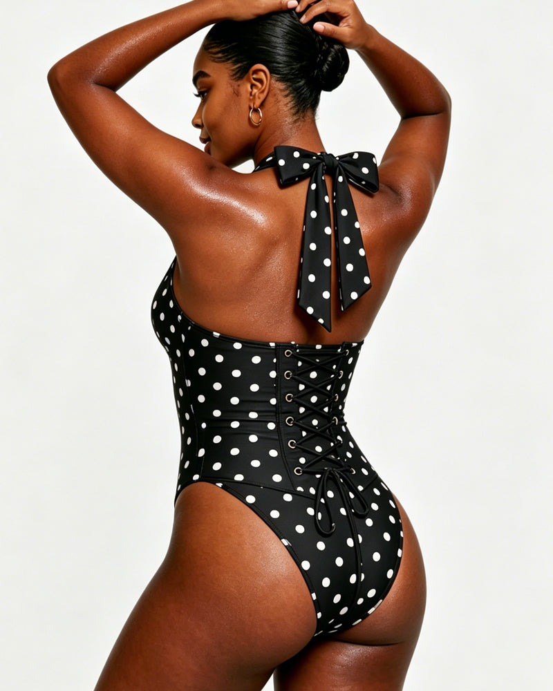 Polka dot halter neck bodycon one-piece swimsuit with straps