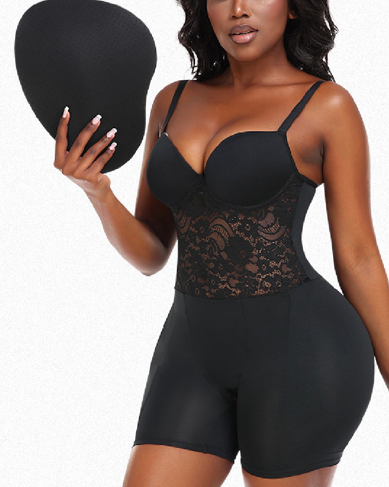 Rückenfreie Push-Up BH Spitze Bauchweg Offenem Schritt Shapewear Mit Abnehmbaren Po-Polstern