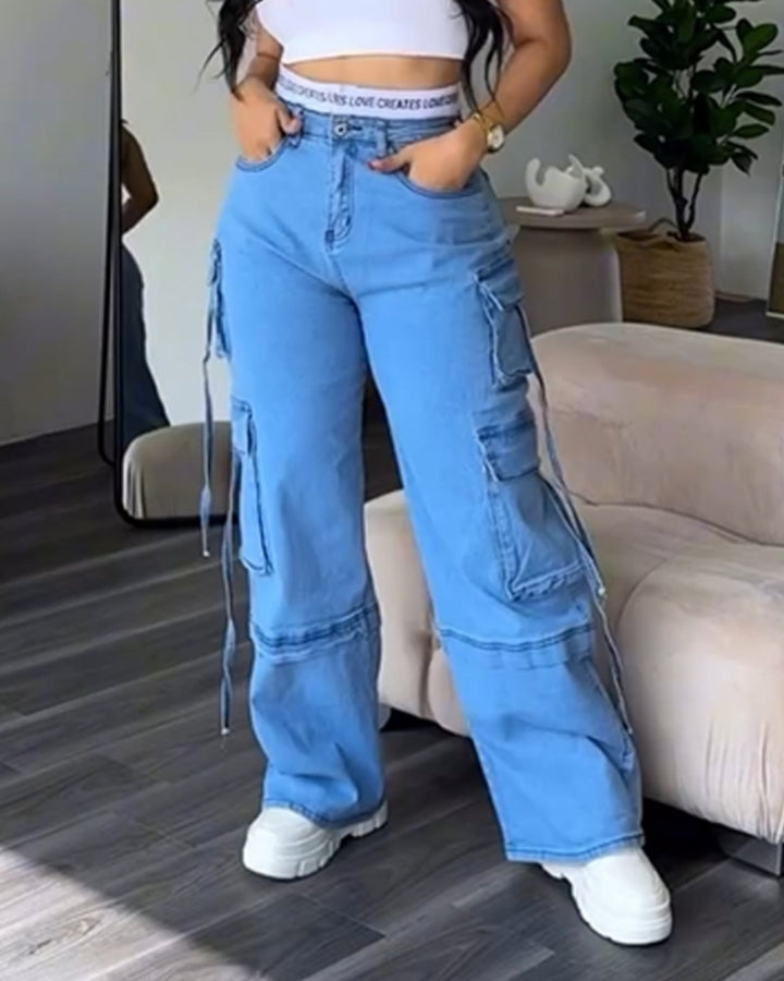 Shapshe® Damen Cargo Jeans mit Multi-Pocket Straight Denim