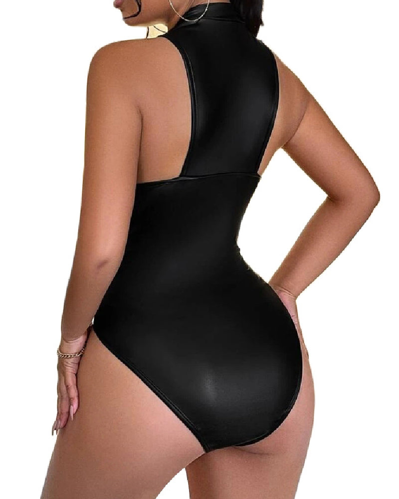 Damen Leder Ärmelloser Stehkragen Bodysuit Tanktop Stretch Einteiler Shapewear