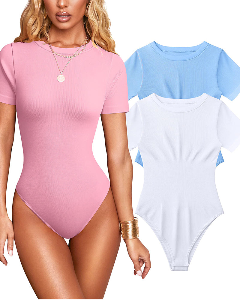 Damen Sexy Gerippter Eckigem Ausschnitt Kurzärmeliger Tanga Bauchweg Bodysuit