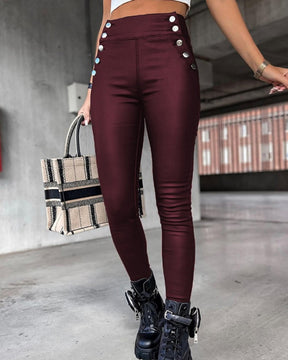 Sexy Leggings aus Dehnbarem Kunstleder mit Hoher Taille und Mehreren Knöpfen