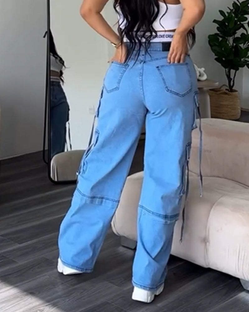 Shapshe® Damen Cargo Jeans mit Multi-Pocket Straight Denim