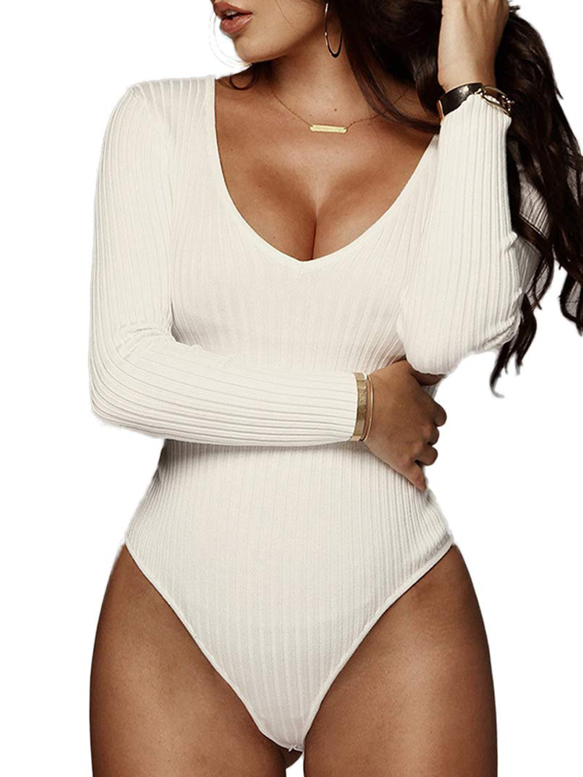 Sexy Tiefem V-Ausschnitt Gestreifter Bodysuit Basic Langarm Tanga Jumpsuit Tops