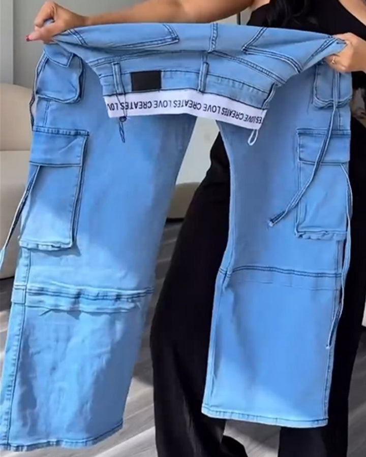Shapshe® Damen Cargo Jeans mit Multi-Pocket Straight Denim