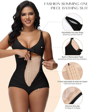 Damen Bauchweg Badeanzug Cut-Out Knoten Vorne Push Up Eingebauter Shapewear Badeanzug