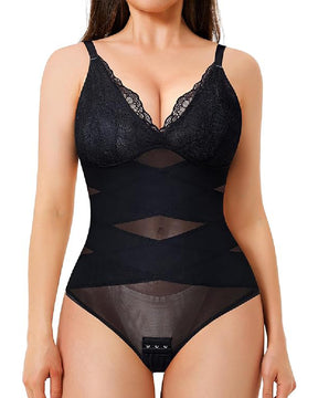 Damen Bauchweg V-Ausschnitt Tanga Korsett Spitze Bodysuit Shapewear