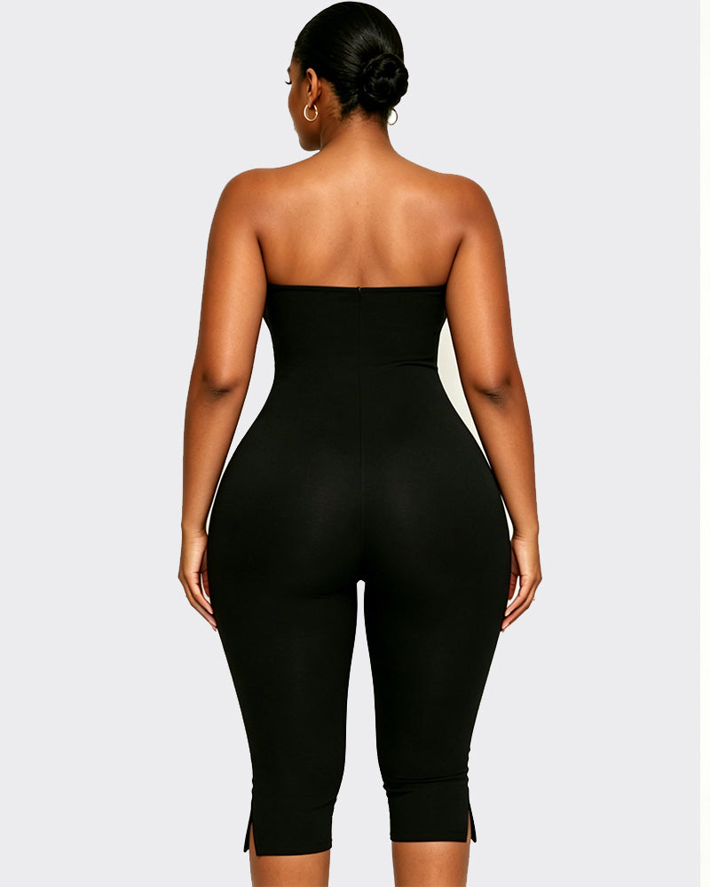 Solid Color Halter Neck Open Back Bodycon Capri Jumpsuit