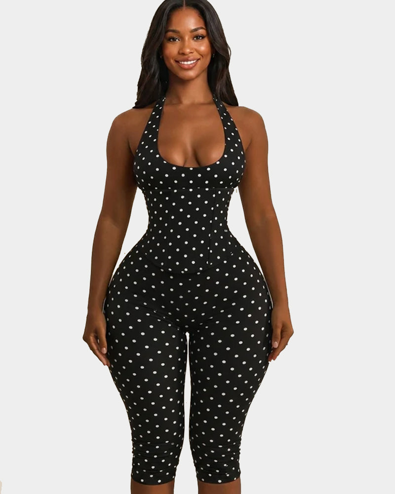 Hourglass Figure Body Shaper Waist Cincher Polka Dot Capri Jumpsuit Two-Piece Set