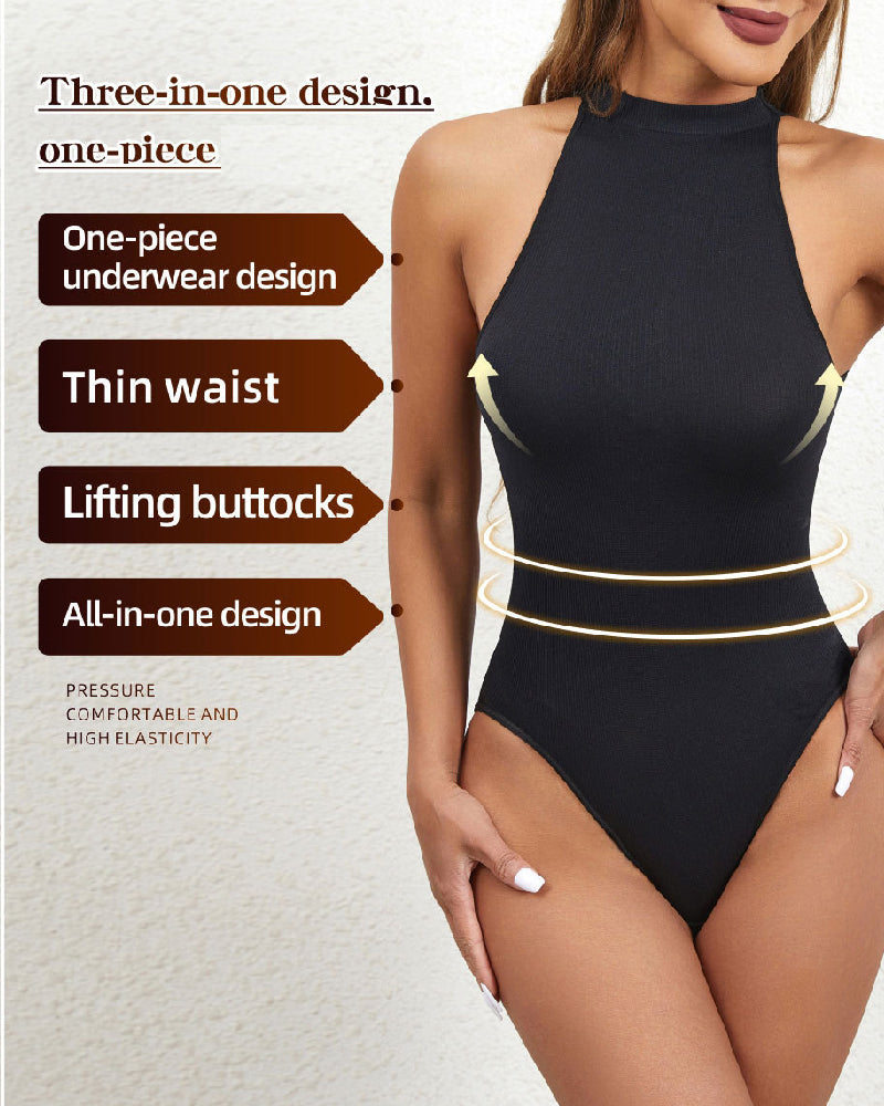 Damen Einteiler Hochkragen Sexy Geripptem Ärmelloses Racerback Shapewear Bodysuit