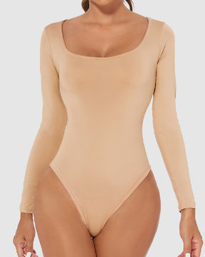 Damen Nahtlose Quadratischem Ausschnitt Langen Ärmeln Formende Tanga Unterhemd Bodysuits