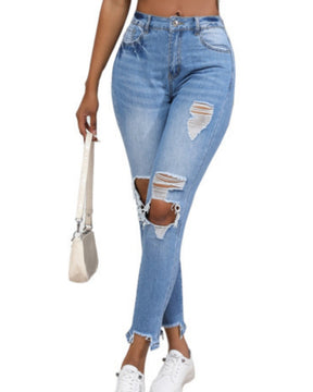 Verwaschene Zerrissene Schmale Hoch Taillierte Elastische Retro-Skinny-Jeans für Damen