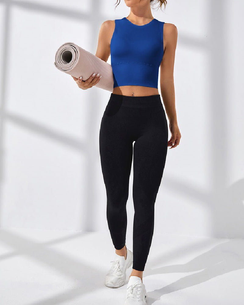 Damen Einfarbig Offener Rücken Geripptes Basic Elastisches Yoga Sport Tank Top