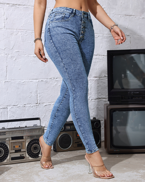 Verwaschene Stretch Skinny Jeans mit Hoher Taille und Mehreren Knöpfen für Damen