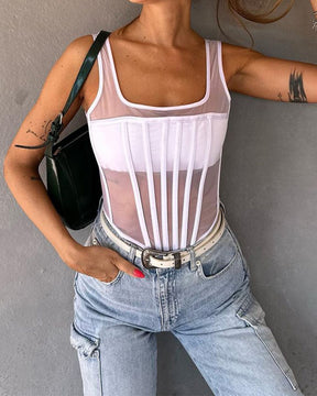 Sexy Mesh Stäbchen Korsett Weste Schnürung Rücken Bustier Cropped Top